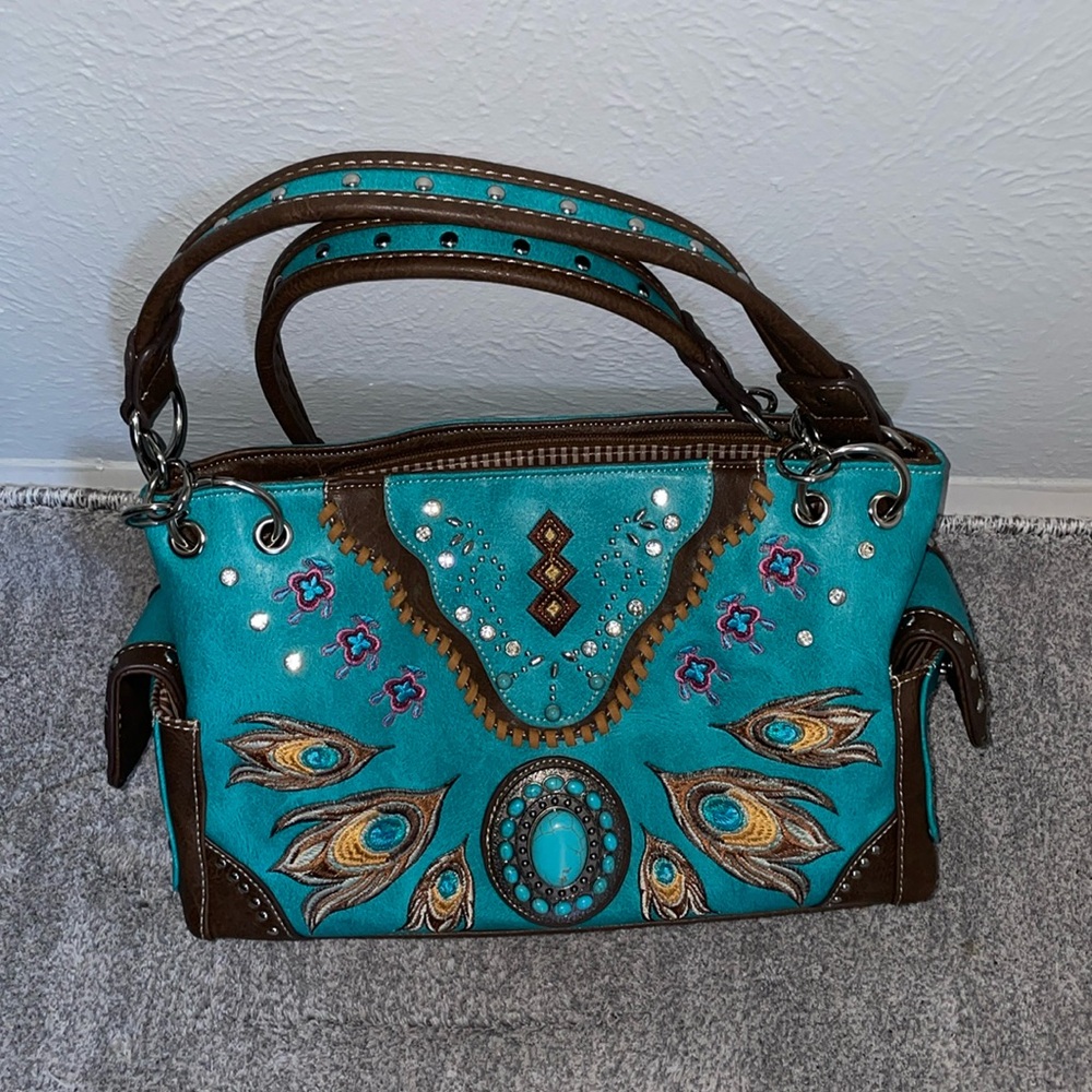 Leather turquoise embroidered and bedazzled purse